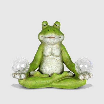 10" Resin Solar Yoga Frog Holding 2 Glass Jars Garden Statue Green - Exhart