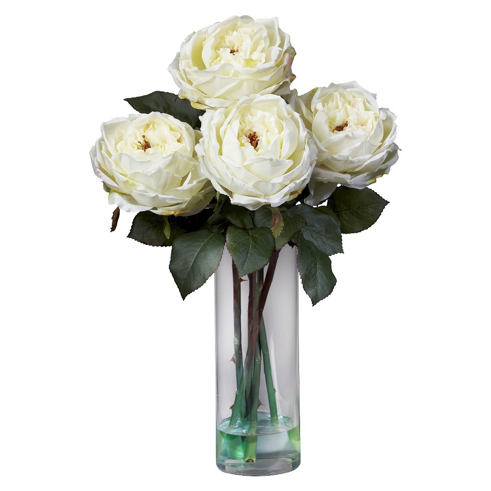 Nearly Natural Fancy Rose w/Cylinder Vase Silk Flower Arrangement Do you love the look of roses, but don't have a ton of decorating space? Then this beautiful Nearly Natural Fancy Rose with Cylinder Vase Silk Flower Arrangement is tailor made for you. Featuring several full rose blooms made of wire and polyester, tucked away in the cutest cylindrical glass vase, this piece captures the rose's sheer elegance, without taking up a ton of space. Perfect for a counter, your desk, or side table, this arrangement also makes a fine gift. Silk arrangements are manufactured using synthetic materials, such as polyester material or plastic, and are well designed and constructed to be life-like in appearance. This item may need to be re-shaped when removed from the secure box to allow it to reach its fullest size. Your arrangement will look beautiful for years to come; simply wipe clean with a soft dry cloth when needed. Measurements are from the bottom of the vase to the furthest extended leaf or branch on the tree. Width dimensions are also calculated from each furthest outstretched dimension. MATERIALS: Polyester material, Iron wire, Resin, Glass Color: One Color.