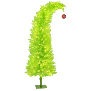 HOMCOM Bent Top Whimsical Christmas Tree with Red Ball, Prelit Pencil Artificial Xmas Tree with LED Lights, Metal Base, Easy Assembly, Green - 1 of 4