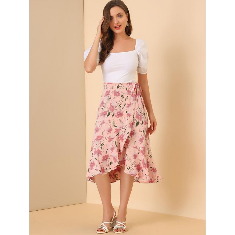 Allegra K Women's Floral Asymmetrical Ruffle Tie Waist Midi Wrap Skirts, 2 of 6