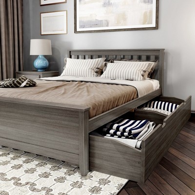Gray Pine Queen Bed Frame with Headboard and Storage Drawers