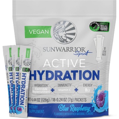 Active Hydration Powder Sugar Free B12 Elderberry & Electrolytes Water Enhancer, Sunwarrior, Blue Raspberry, Strawberry Colada or Pineapple, 18 Sticks