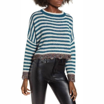 Women's Tinsel Stripe Metallic Crop Holiday Christmas Long Sleeve Sweater - Prima