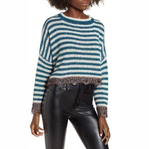 Women's Tinsel Stripe Metallic Crop Holiday Christmas Long Sleeve Sweater - Prima - 1 of 3