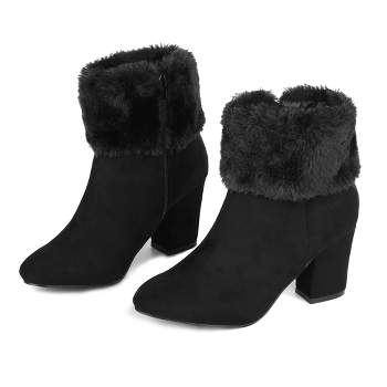 Allegra K Women's Cute Faux Fur Chunky Heel Ankle Boots