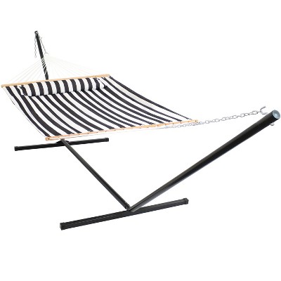 Sunnydaze 2-Person Heavy-Duty Quilted Hammock with Steel Stand - 400 lb Weight Capacity/15' Stand - Black and White
