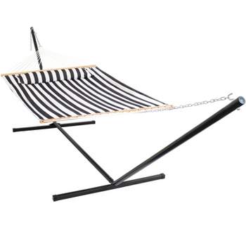 Sunnydaze 2-Person Quilted Fabric Spreader Bar Hammock with Detachable Pillow and Stand - 400 lb Weight Capacity/15' Stand