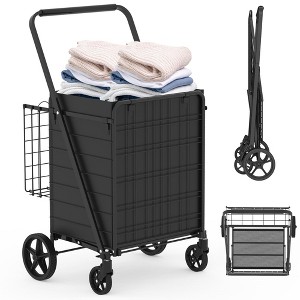 NAYSAYE Extra Large Foldable Utility Dolly Grocery Cart with Double Baskets and Swivel Wheels for Easy Transport, Black, 21.25"*40.15"*18" - 1 of 4