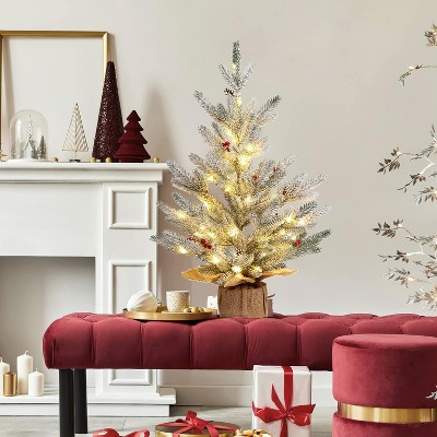 24 Inch Artificial Small Table Top Christmas Tree, Snow Flocked Mini Xmas Trees Table Centerpiece for Dining Room Office Desk Decorations