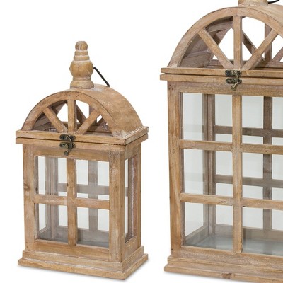 Natural Wood and Glass Tabletop Lantern Set with Arched Lid