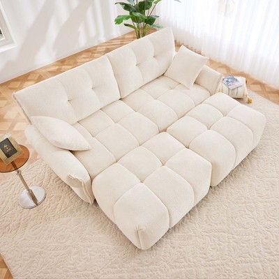 DOMETOUR 2 Seater Sofa Set with 2 Ottomans and Throw Pillows Cozy Plush Chenille Fabric Ideal for Living Room Apartment or Dorm In White