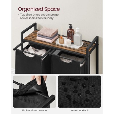 Rustic Brown and Black Laundry Sorter with Shelf and Pull-Out Bags
