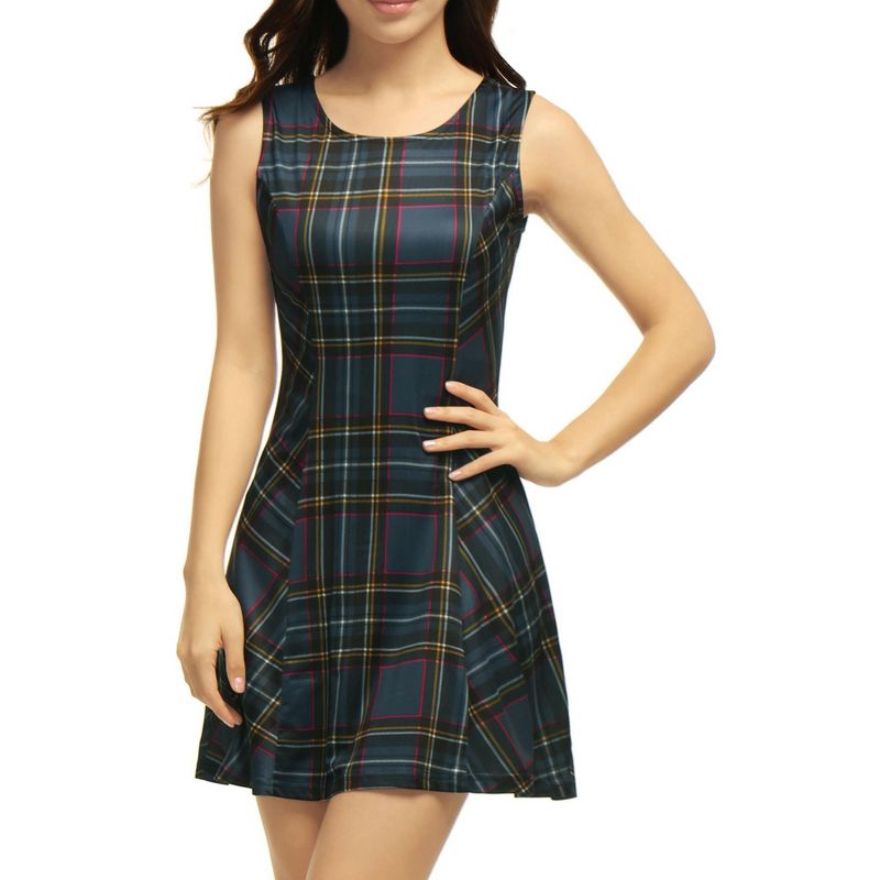 Allegra K Women's Summer Plaid Mini A-Line Sleeveless Fit and Flare Dress, 1 of 6