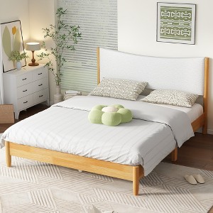 ORRD Queen Size, Solid Rubber Wooden Bed with Boucle Upholstered Headboard, Enhanced by Support Feet,Beech White - 1 of 4