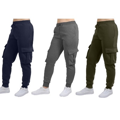 Blue Ice Women's Loose Fit Fleece Jogger Sweatpants with Velcro Cargo Pockets-3 Pack