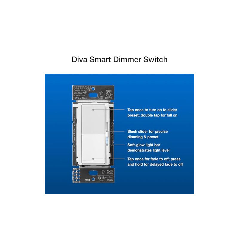 Lutron Diva Smart Dimmer Switch 3-Way Kit with Pico Paddle Remote and Wire Hub Required,DVRF-PKG1D-WH | White, 3 of 8