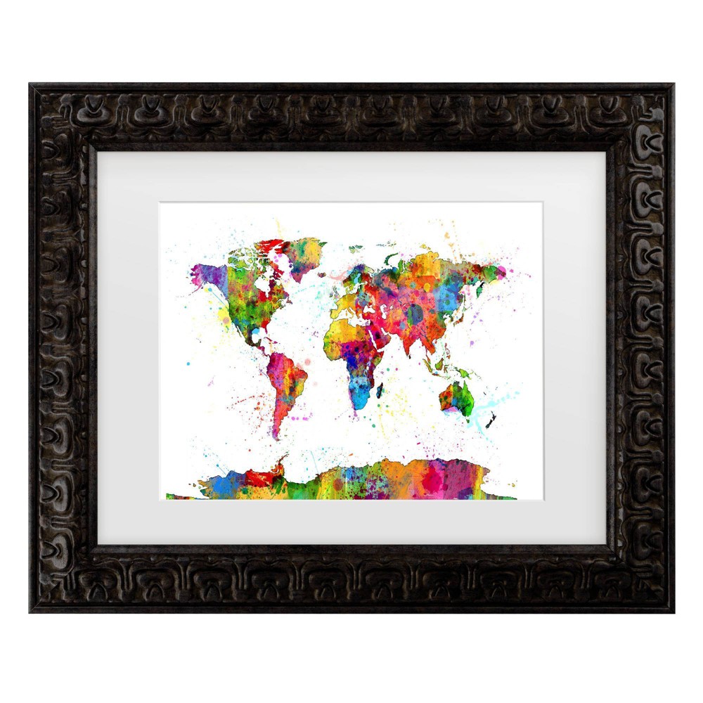 Trademark Fine Art 11"x14" Michael Tompsett Map of The World Watercolor Matted Framed Art Dark Gold