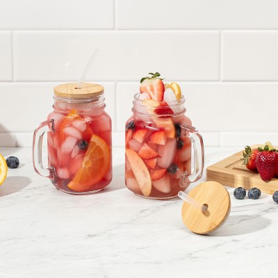16 oz Glass Mason Jar Tumblers with Bamboo Lids and Straws, Set of 4