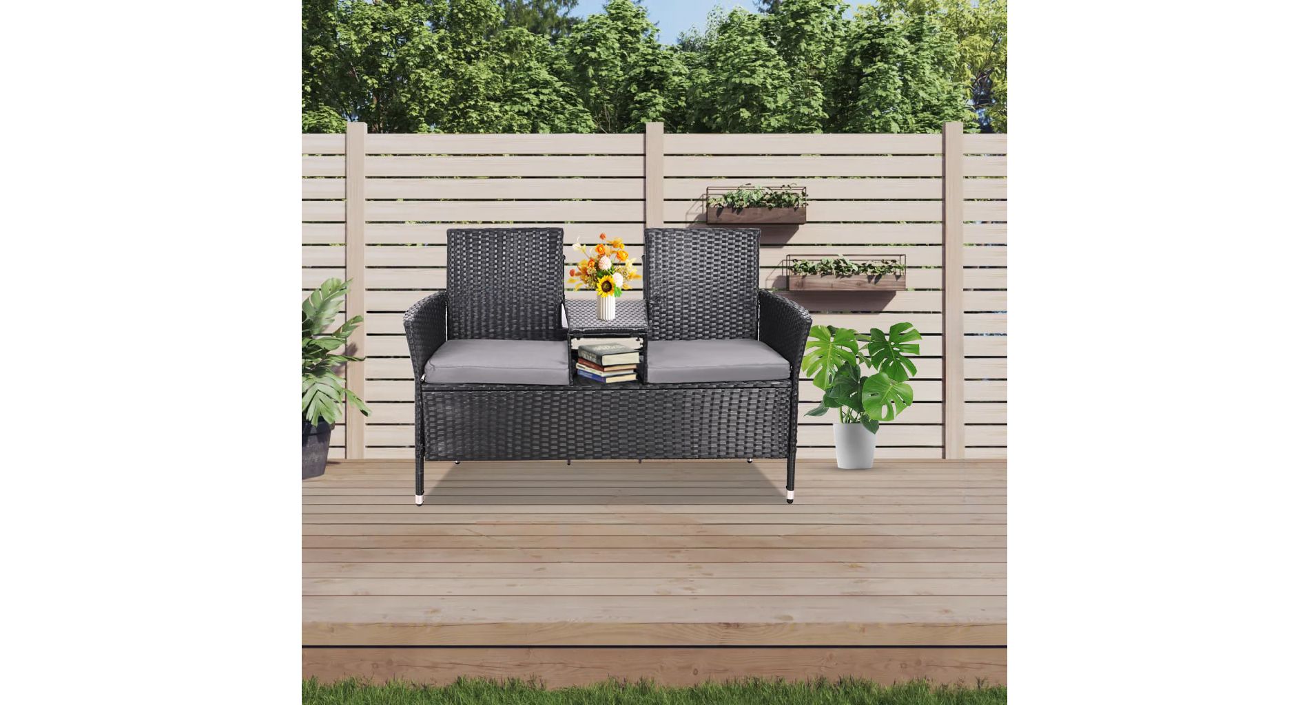 Aghana Digitals Indoor Outdoor Loveseat with Storage Coffee Table, PE Rattan 2-Seat Bench with Black+ Gray 55.56×19.7× 32.31 in