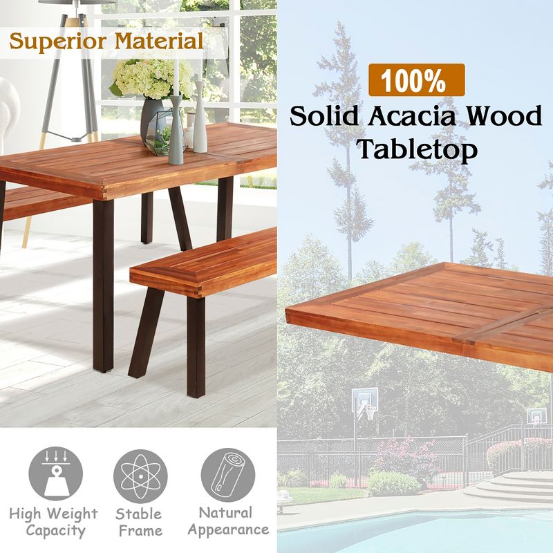 Costway 3 Pieces Picnic Table Set Acacia Wood Table Bench with Steel Legs Outdoor Patio, 5 of 11