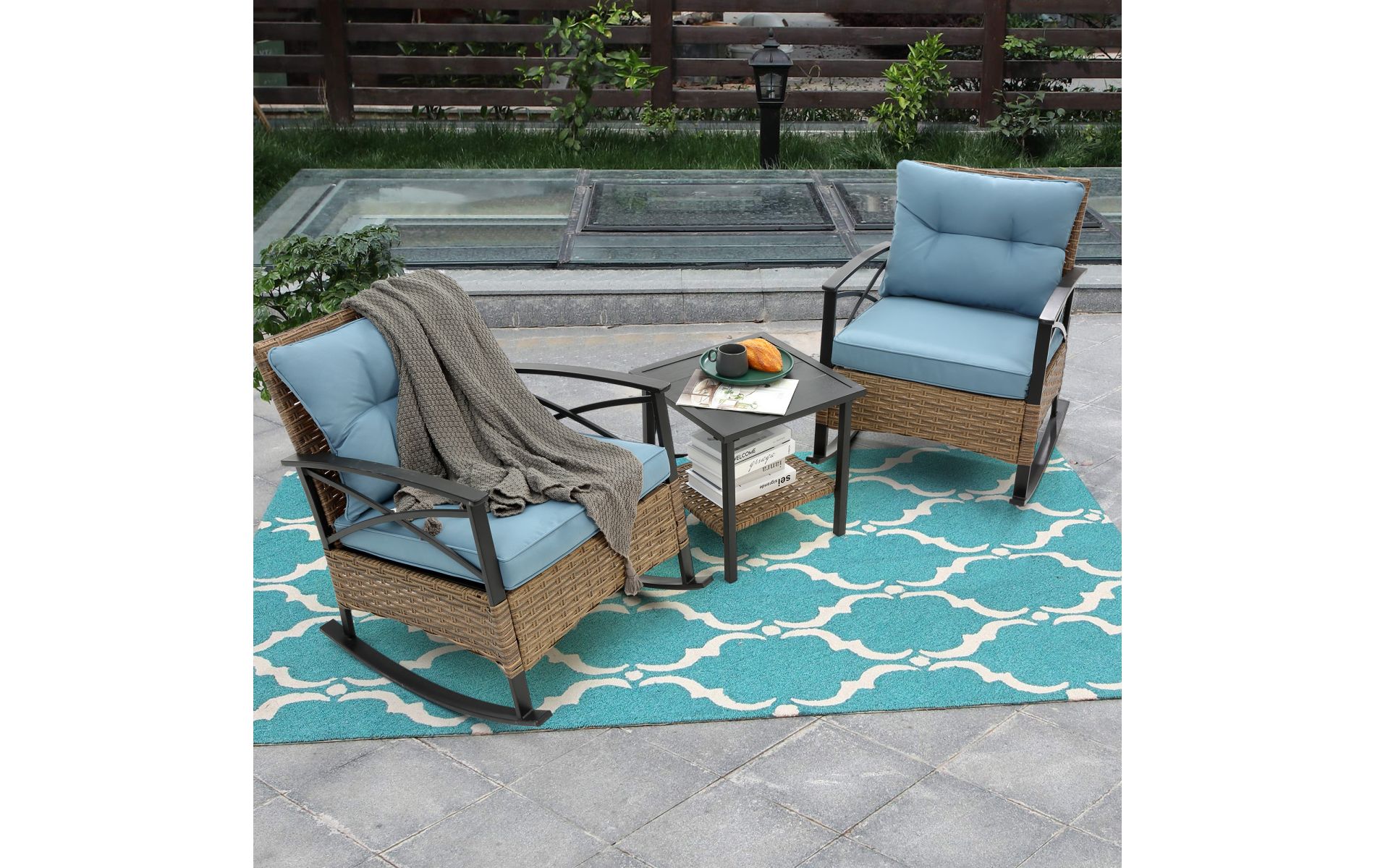 3-Piece Outdoor Rocking Chair Set with Metal Frame and Rattan Seat, Side Table Included,& Easy to Move for Patio or Poolside,Blue-Baofuwish