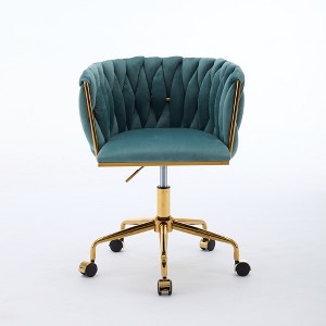 360° Swivel Velvet Vanity Chair with Wheels and Hand Woven Backrest - 1 of 4