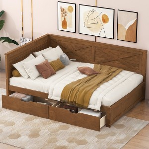 TIRAMISUBEST Twin Size L-Shaped Daybed with 2 Storage Drawers and Rustic Guardrail, Wooden Daybed Frame Sofa Bed with Slats Support - 1 of 4