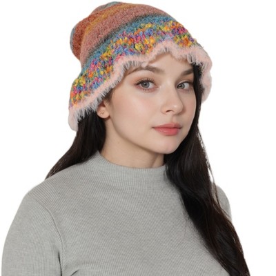 Anna-Kaci Colorful Striped Knit Bucket Hat Fluffy Trendy Winter Lightweight Foldable Crochet Fisherman Hat for Women
