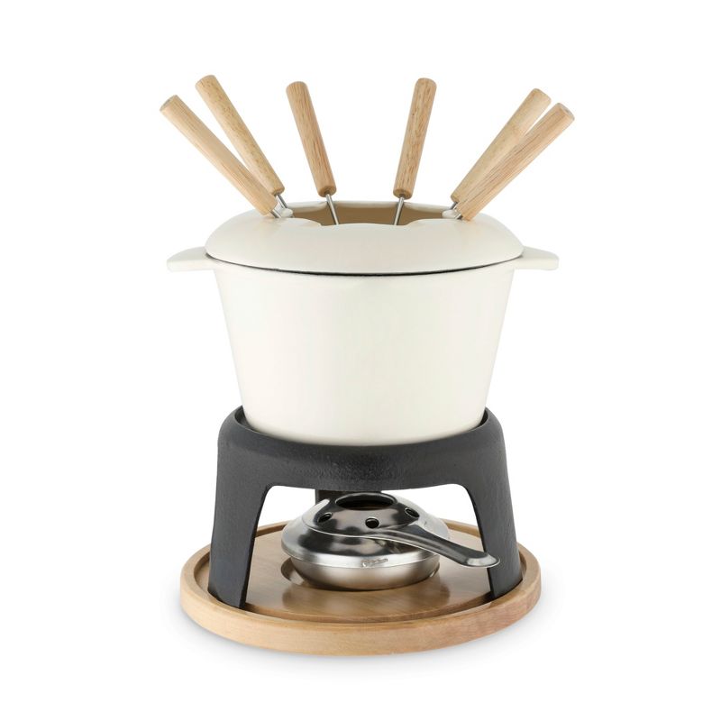 Twine 5998 Farmhouse Kitchen Enamel Cast Iron Fondue Set Cheese Melting Pot Metal Stand with Stainless Steel Forks and Chrome Gel Burner, Off-Cream, 1 of 11