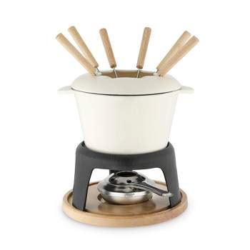Twine 5998 Farmhouse Kitchen Enamel Cast Iron Fondue Set Cheese Melting Pot Metal Stand with Stainless Steel Forks and Chrome Gel Burner, Off-Cream