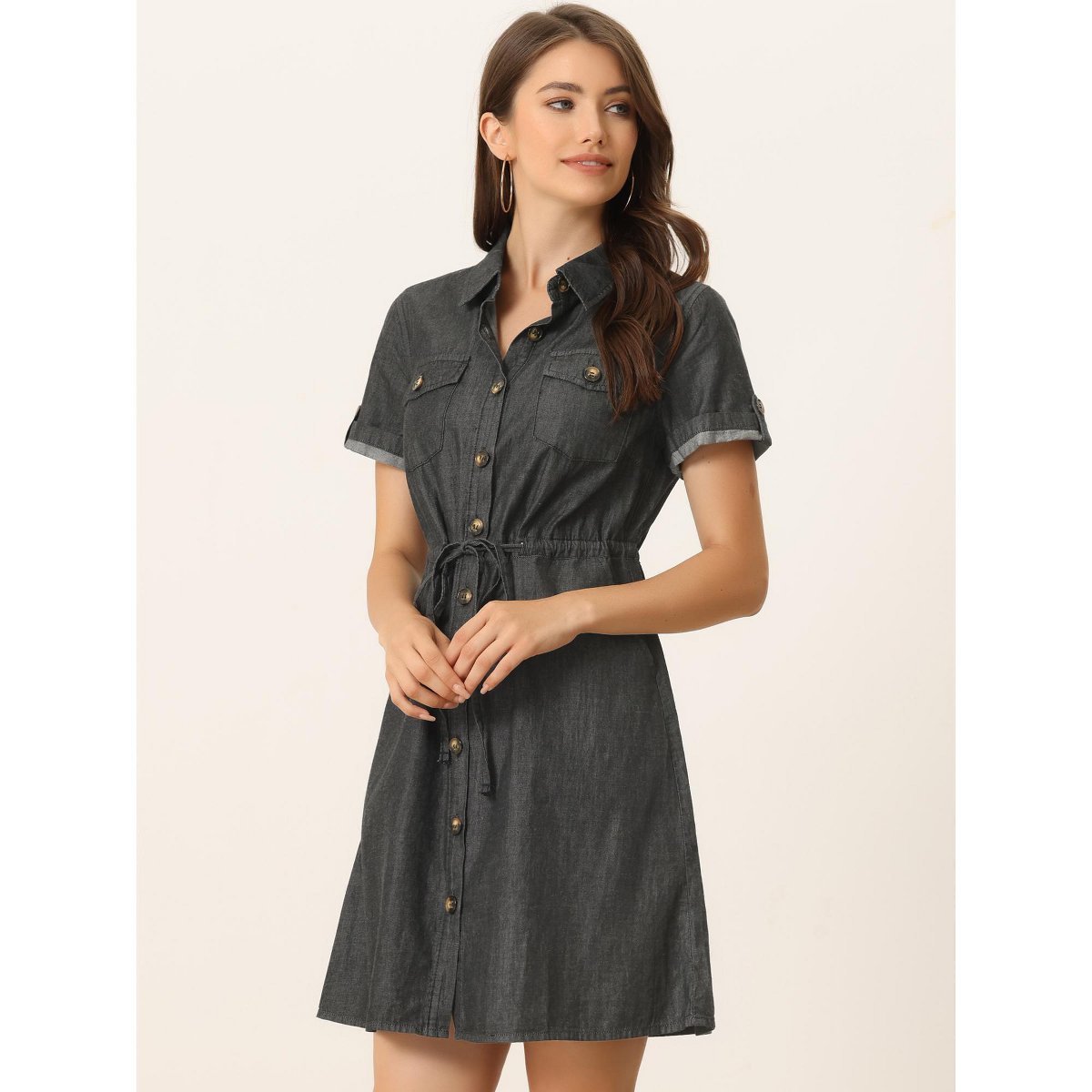Женские платья INSPIRE CHIC Women's Jean Chambray Summer Casual Button Down Denim Dresses X-Large Black — фото 2