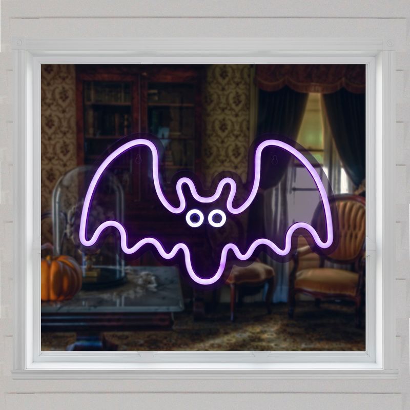 Northlight 15" Purple LED Lighted Neon Style Purple Bat Halloween Window Silhouette, 3 of 6