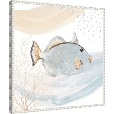 Ocean Oasis Waves Blue Fish Canvas Wall Art with White Frame