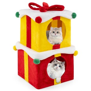 Tangkula 2-Storey Cute Christmas Cat House w/ Bow 2 Condos Indoor Cat Furniture Modern - 1 of 4