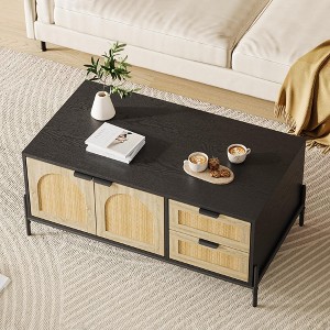 Coffee Table, 40.9'' Modern Coffee Table with Storage - Rattan Accent Living Room Table 2 Drawers/Doors (Farmhouse/Metal Legs) - 1 of 4