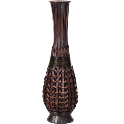 Antique Fluted Metallic Brown Bamboo Floor Vase with Aged Finish