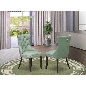 East West Furniture Dallas Parsons Dining Chairs - Button Tufted Nailhead Trim Willow Green faux Leather Padded Chairs, Set of 2, Distressed Jacobean - 1 of 4