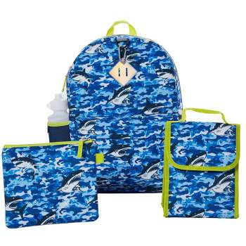 RALME Ocean Blue Camo Shark Backpack Set for Boys, 16 inch, 6 Pieces - Includes Foldable Lunch Bag, Water Bottle, Key Chain, & Pencil Case