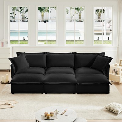 Slipcovered Sectional Sofa, 3 Seater Sofa with Removable Cover, Sofa Couch with Ottoman, Chenille Fabric Sectional Sofas-Cuddlewood
