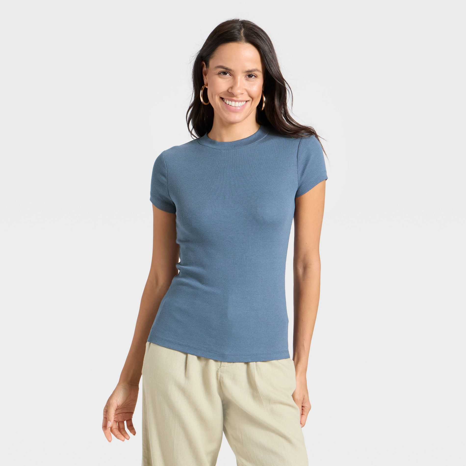 Women's Slim Fit Short Sleeve Ribbed T-Shirt - A New Day™ Sea Blue M