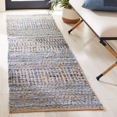 Handwoven Blue and Natural Jute Runner Rug, 2'3" x 6'