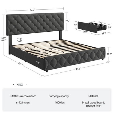 Full/Queen/King Size Bed Frame with 4 Storage Drawers, Faux Leather Upholstered Platform Bed Frame with Adjustable Headboard
