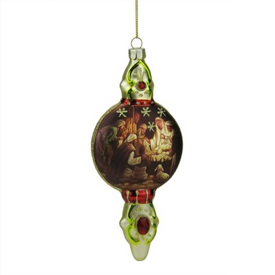 Mark Roberts Products 6.5" Gold and Burgundy Nativity Scene Religious Glass Finial Christmas Ornament