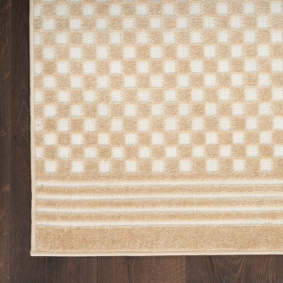 Taupe and White Synthetic Checkered Rectangular Area Rug