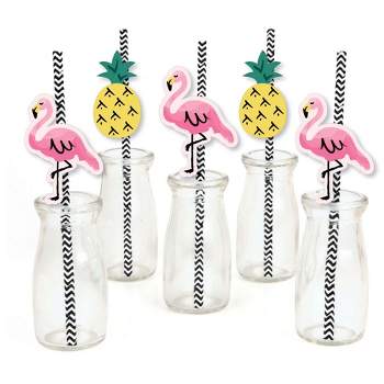 Big Dot of Happiness Pink Flamingo Paper Straw Decor - Party Like a Pineapple - Tropical Summer Striped Decorative Straws - Set of 24