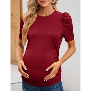 Clearlove Women's Maternity Shirts Puff Short Sleeve Round Neck Tunic Top Casual Pregnancy Clothes - 1 of 4