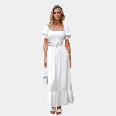 Women's Elegant White Puff Sleeve Lace Details Wedding Guest Maxi Satin Dress - Cupshe
