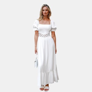 Women's Elegant White Puff Sleeve Lace Details Wedding Guest Maxi Satin Dress - Cupshe - 1 of 4