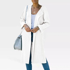 Women's Lapel Shacket Sweater with Bell Sleeves and Open Front Cardigan, Longline Knit Casual Coats with Side Slit for Winter,White - XL - 1 of 4