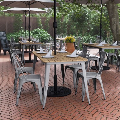 Brown and Silver Poly Resin Top Dining Table with Umbrella Hole